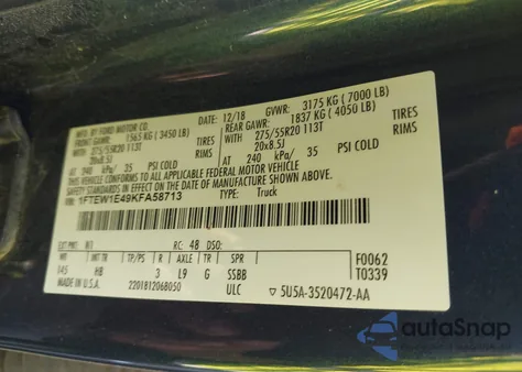 2019 Ford F-150 Lariat из США, поврежденный, VIN 1FTEW1E49KFA58713